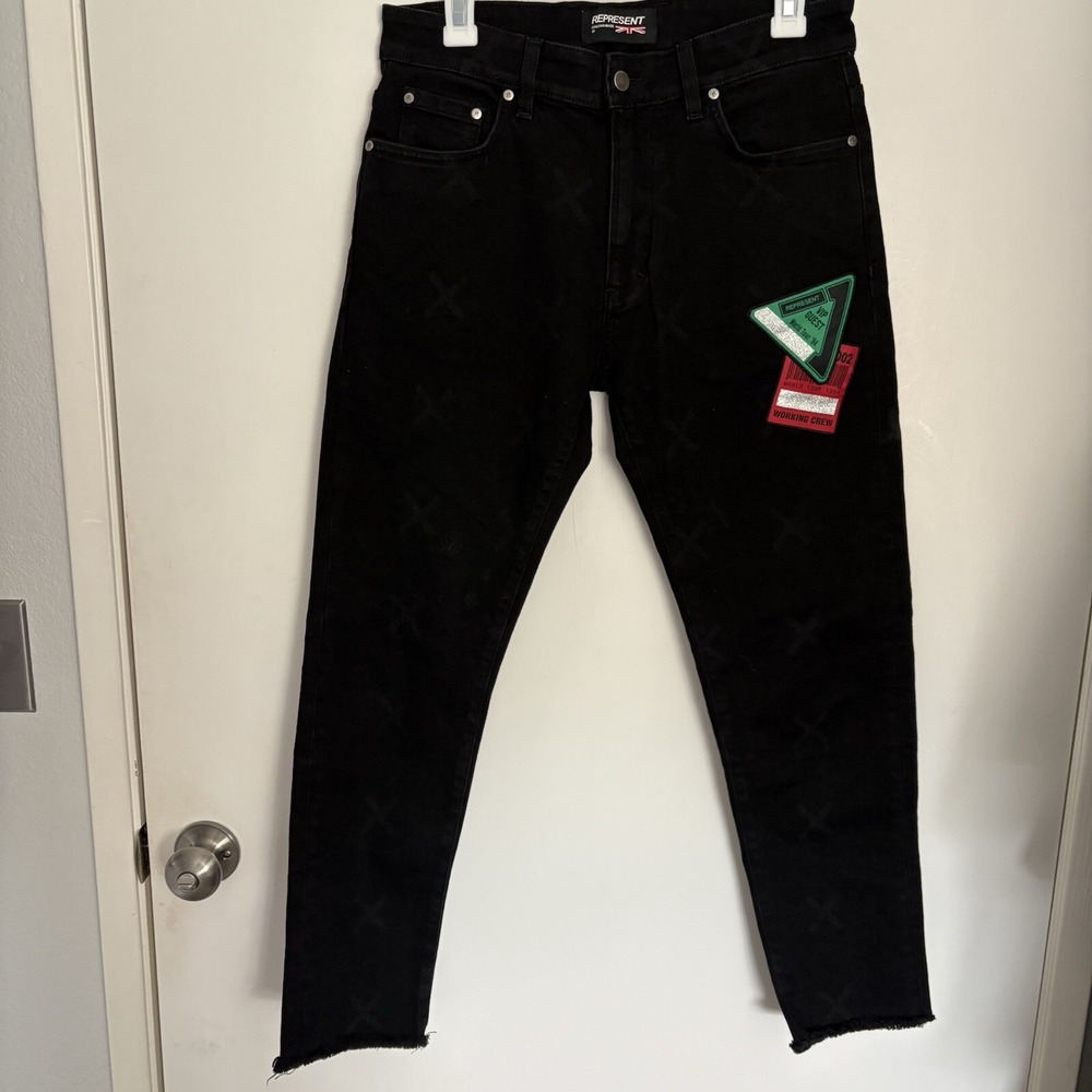Represent Clo. "R3D Destroyer" Black Denim Red Green Stacked Patches Y2k